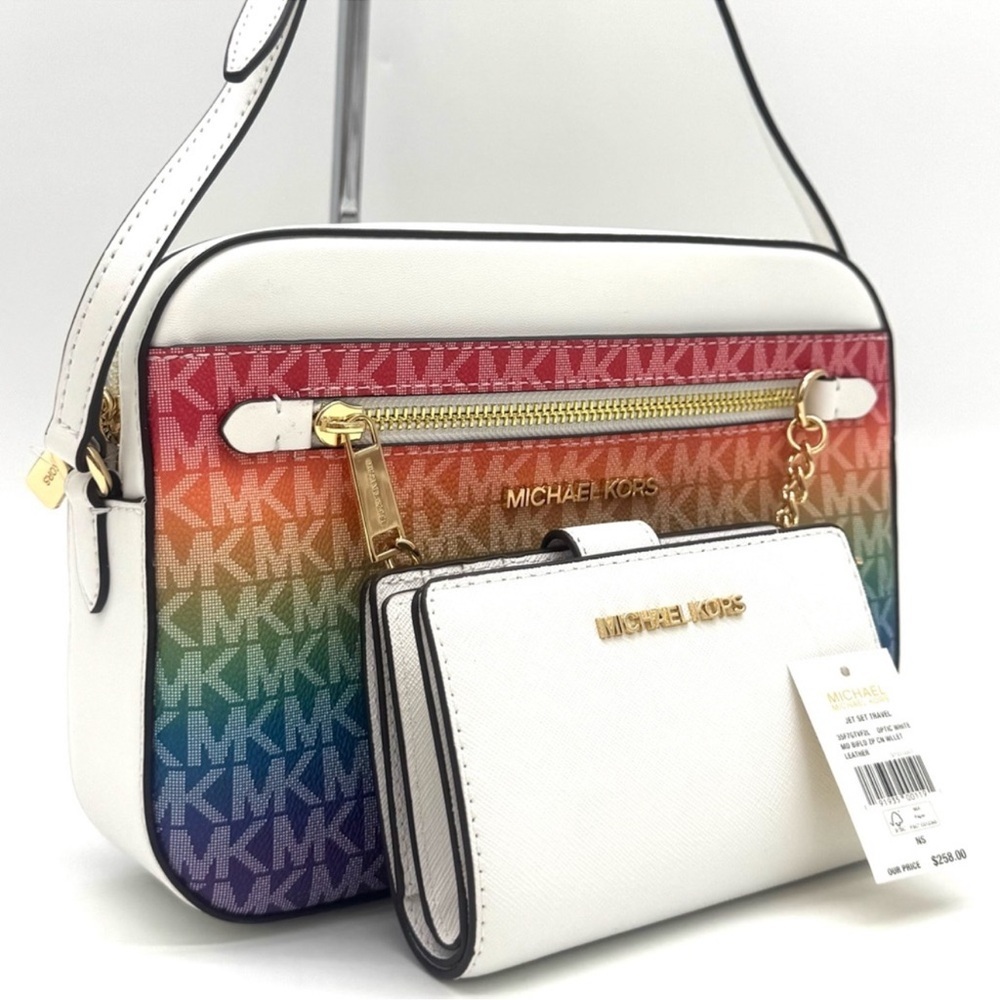 Michael Kors Large Signature Logo Crossbody Bag & Matching Bifold Wallet Rainbow - Picture 3 of 15